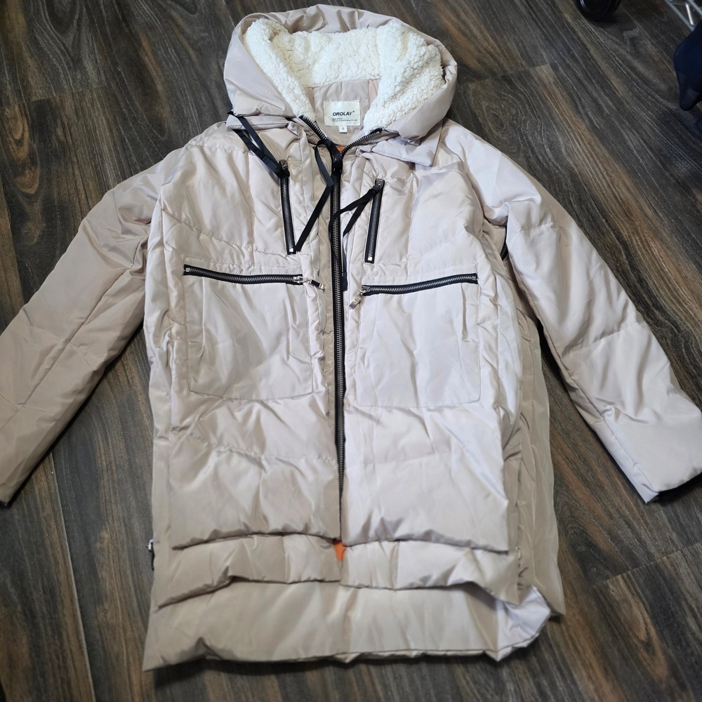 Orolay Thickened Down Jacket Beige Sherpa Hood Puffer Coat Small Women Warm Zip